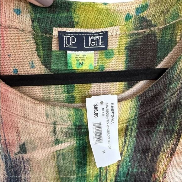 Top Ligne Tan & Red Watercolor Sequin Short Sleeve Knit Top - Picture 6 of 7